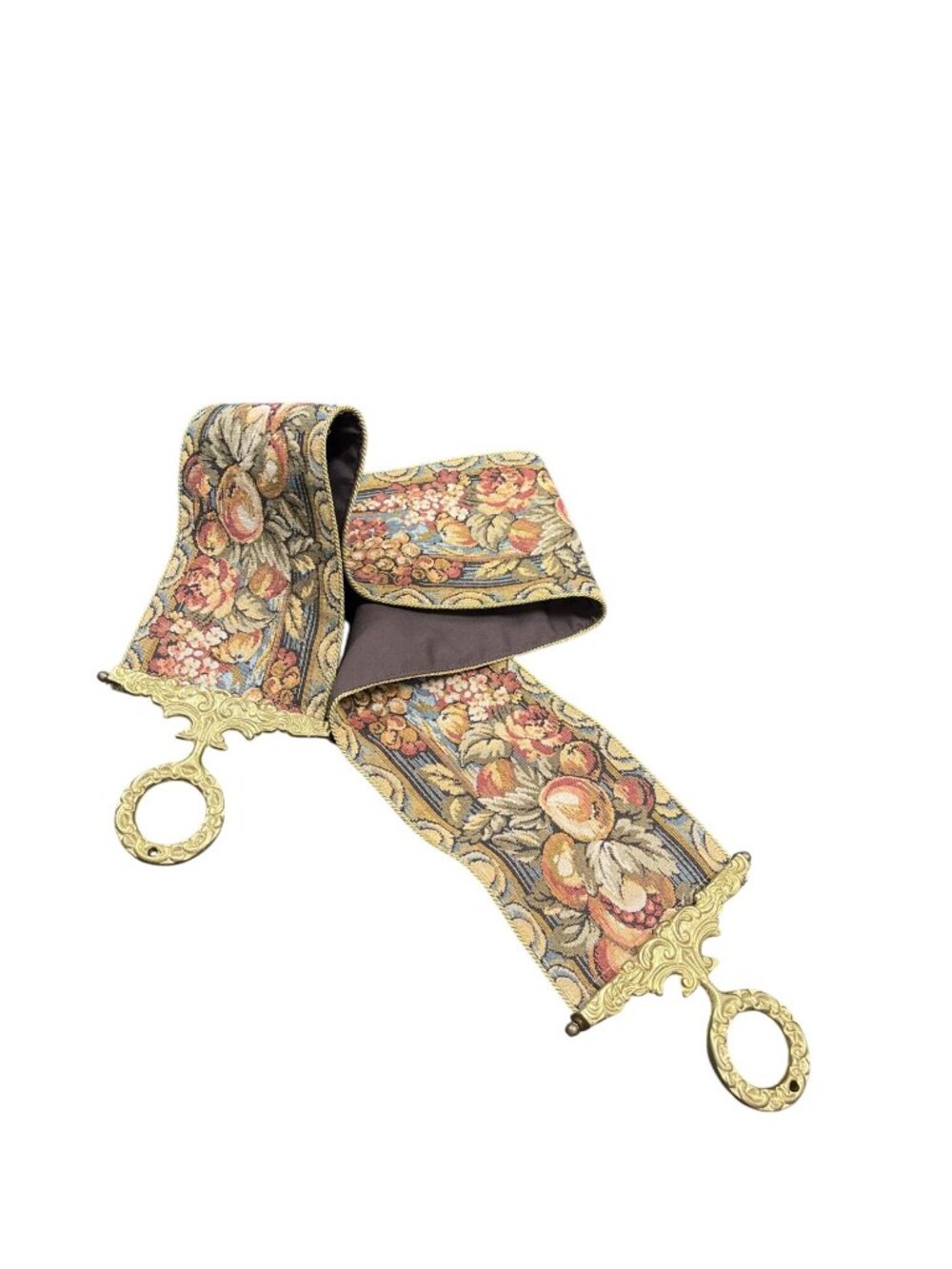 VTG floral tapestry brass pulls gobelin decor bell pull 49"lx5.5"w SKU 10-556